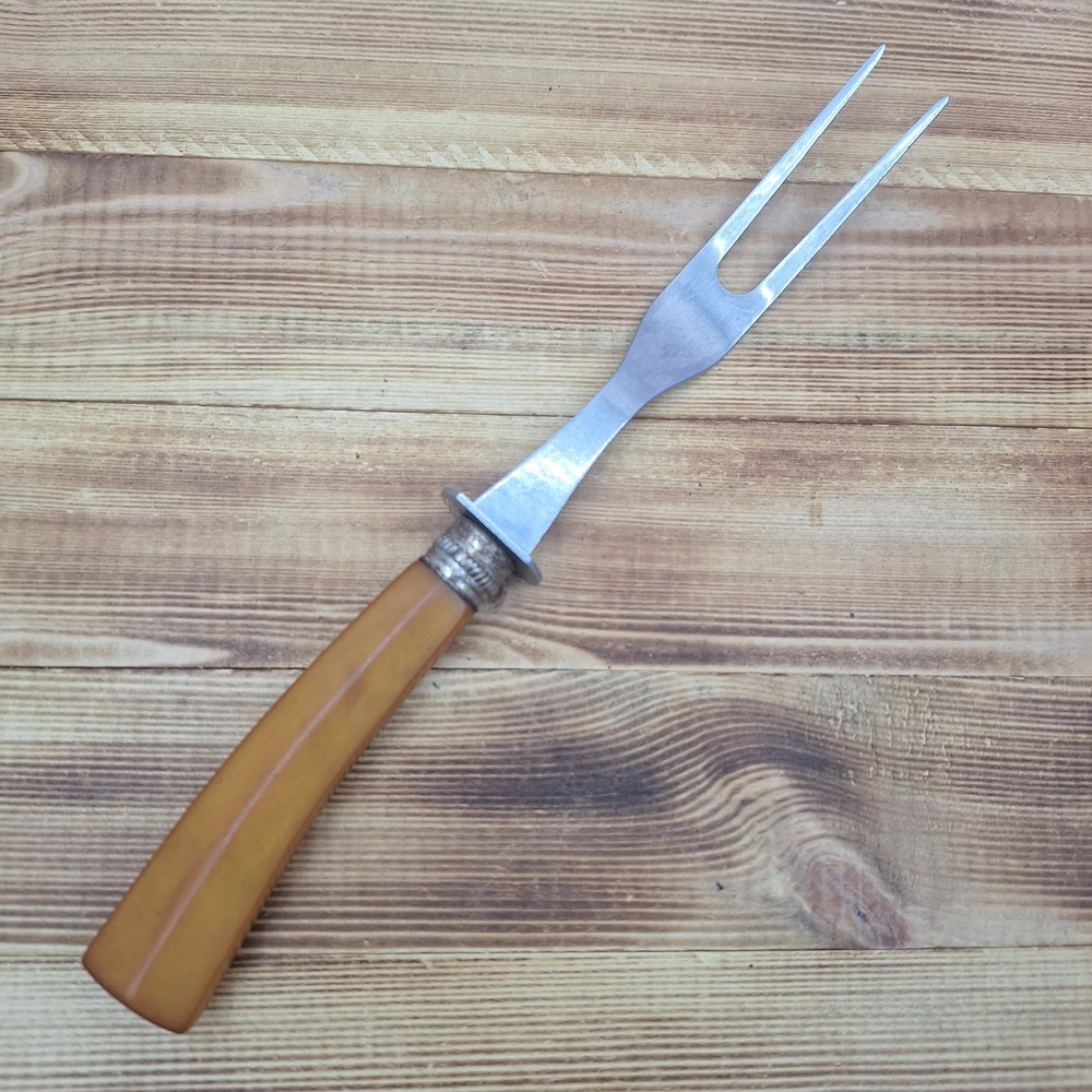 Vintage Bakelite Meat Serving Fork Butterscotch Handle Stainless Steel 11”